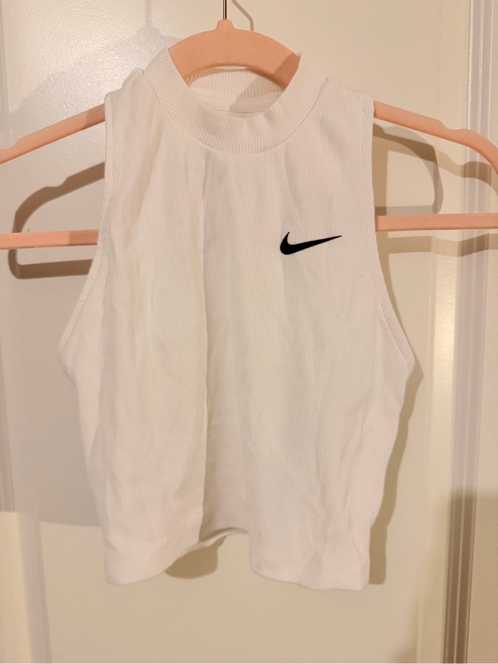 Nike White Ribbed Sleeveless Crop Tank with Black Swoosh